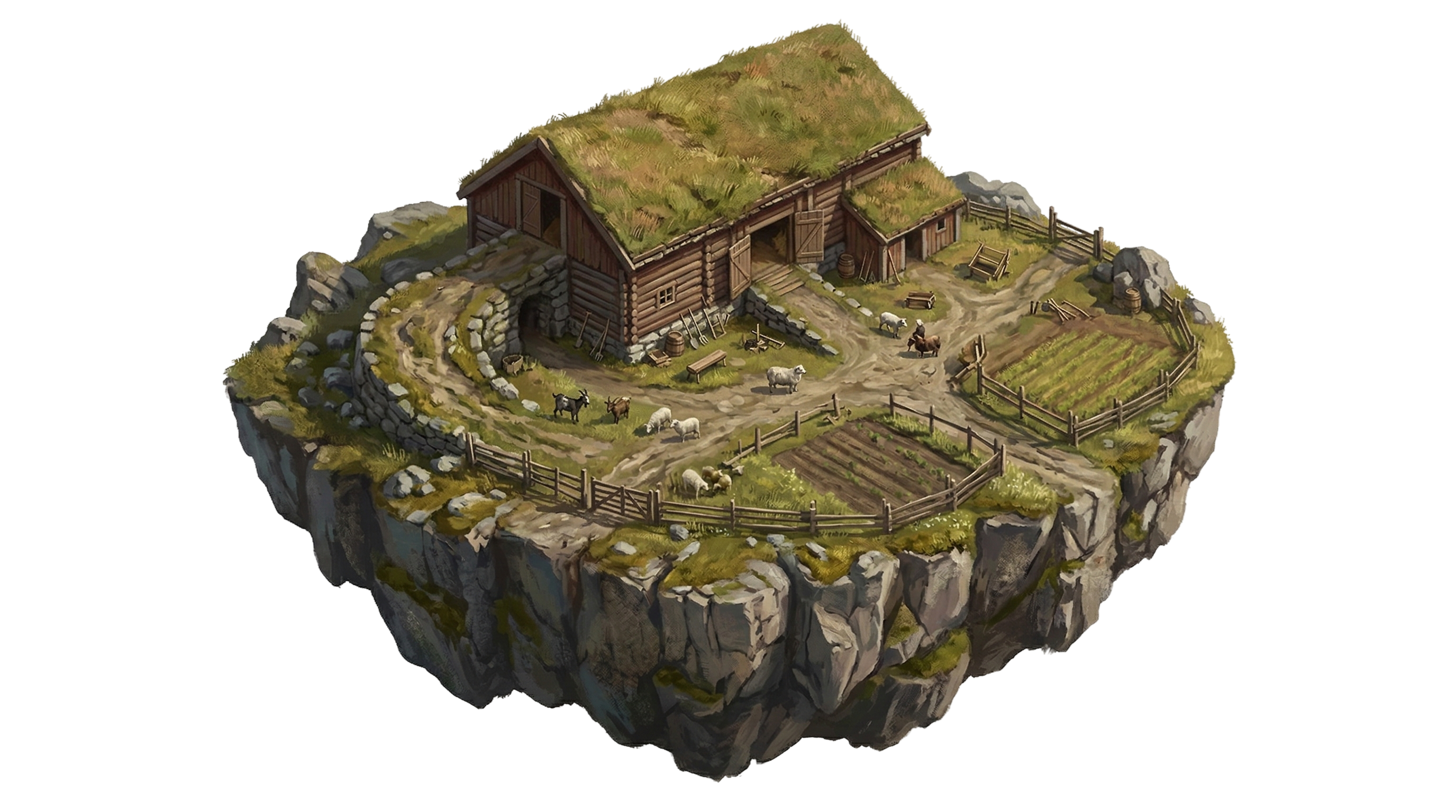 Gårdsbruk med dyr og innhegninger