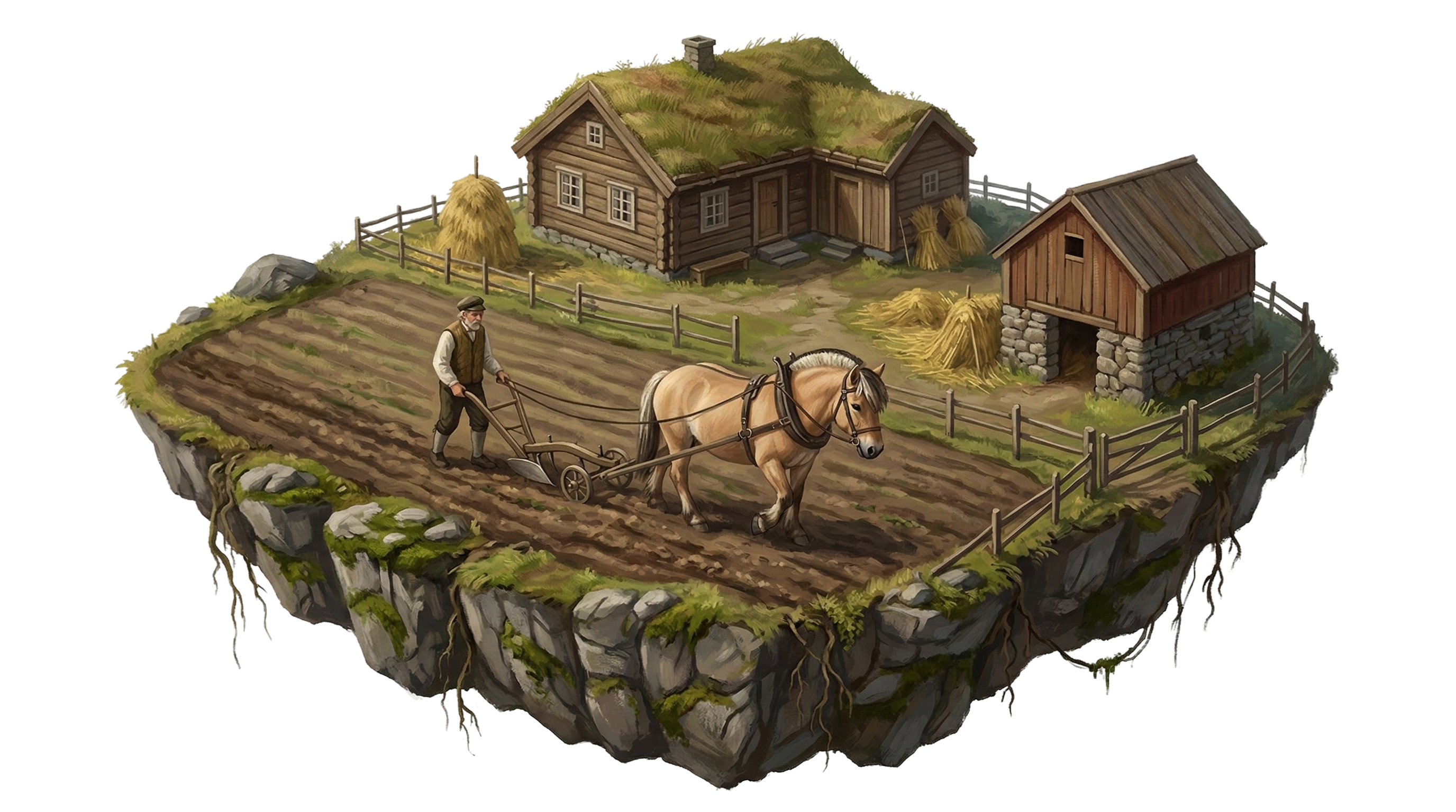 Gårdsbruk med bonde som pløyer jorda