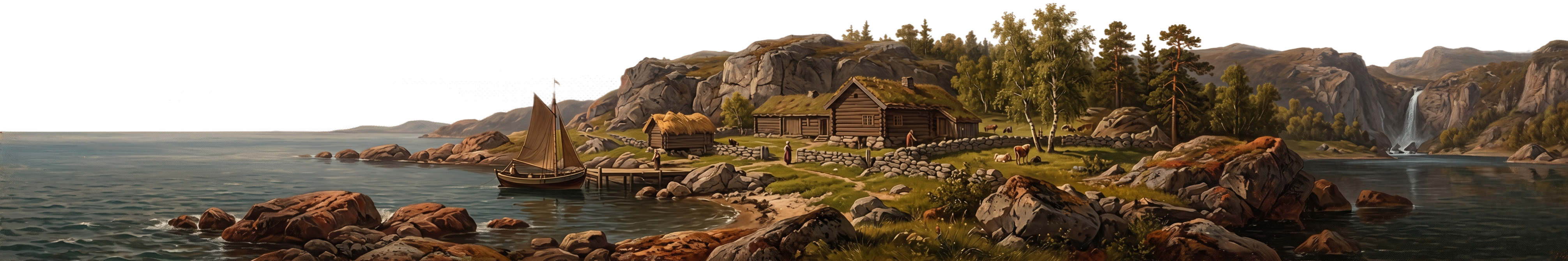 Norsk fjordlandskap med gårdsbruk, torvtak og sjøbu