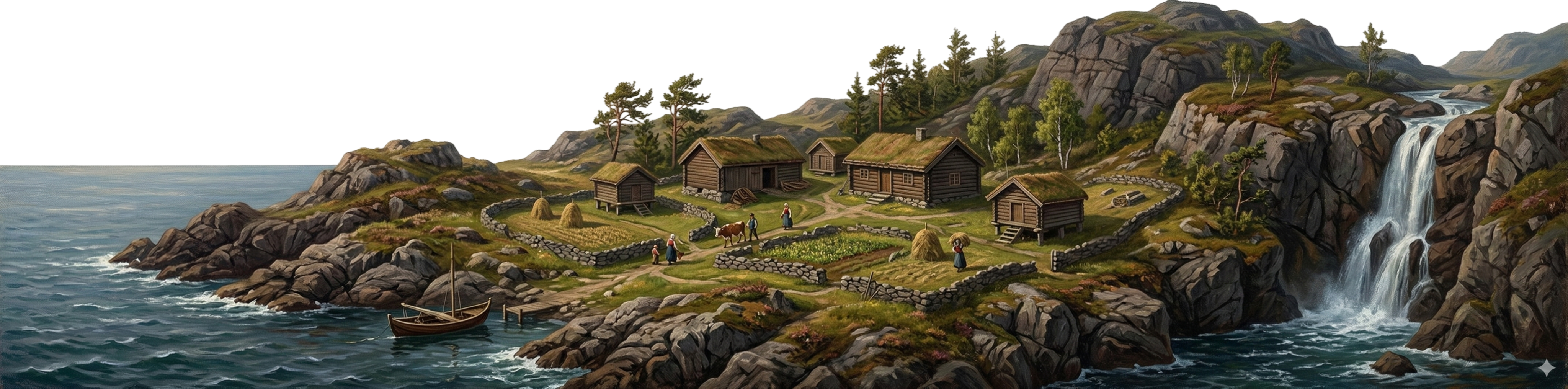 Norsk gårdslandskap med torvtak og grønne enger